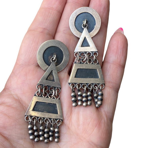 Vintage Sterling Silver Dangle Screw Back Earrings 925 Gonzalu Moreno Mexico - Picture 2 of 6